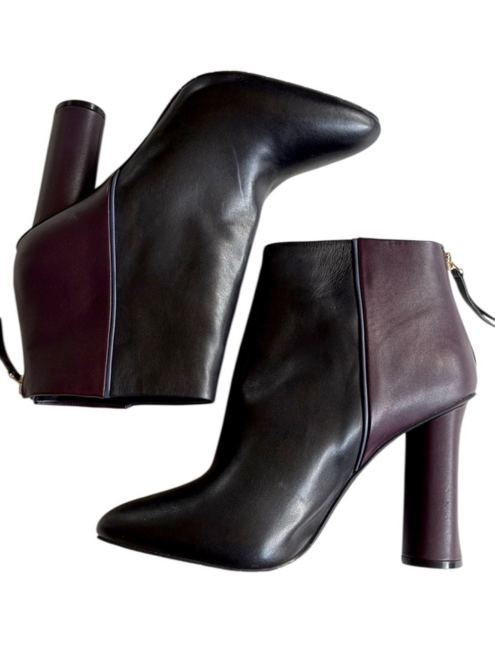 EUC CAbi Leather Bisset Colorblock Booties Black Eggplant Size 9.5